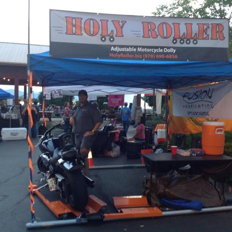 2015 Thunder in the Rockies, Holy Roller booth, Holy Roller low-profile motorcycle dolly, manufactured in the USA by FusionFab.biz, Fusion Fabrication, Loveland Colorado